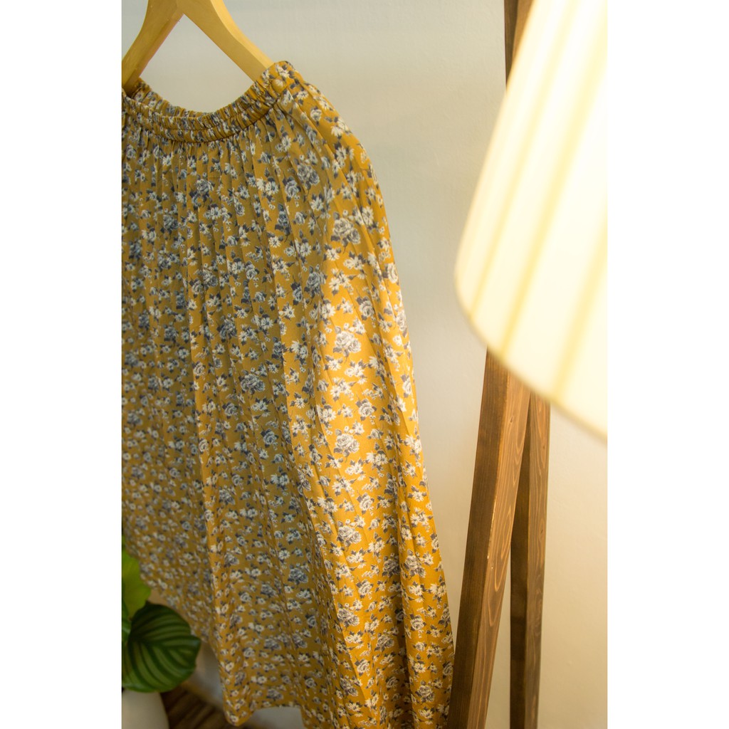 Chân váy linen 2hand màu vàng họa tiết hoa