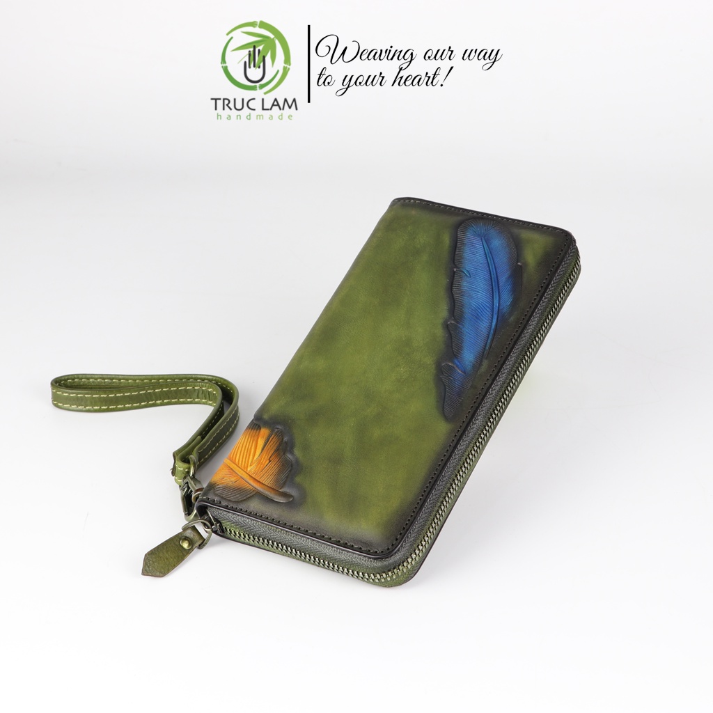 Ví Dài Cầm Tay Thời Trang Nữ Da Thật Cao Cấp Có Khóa Kéo Họa Tiết Lông Vũ – Trúc Lâm Handmade