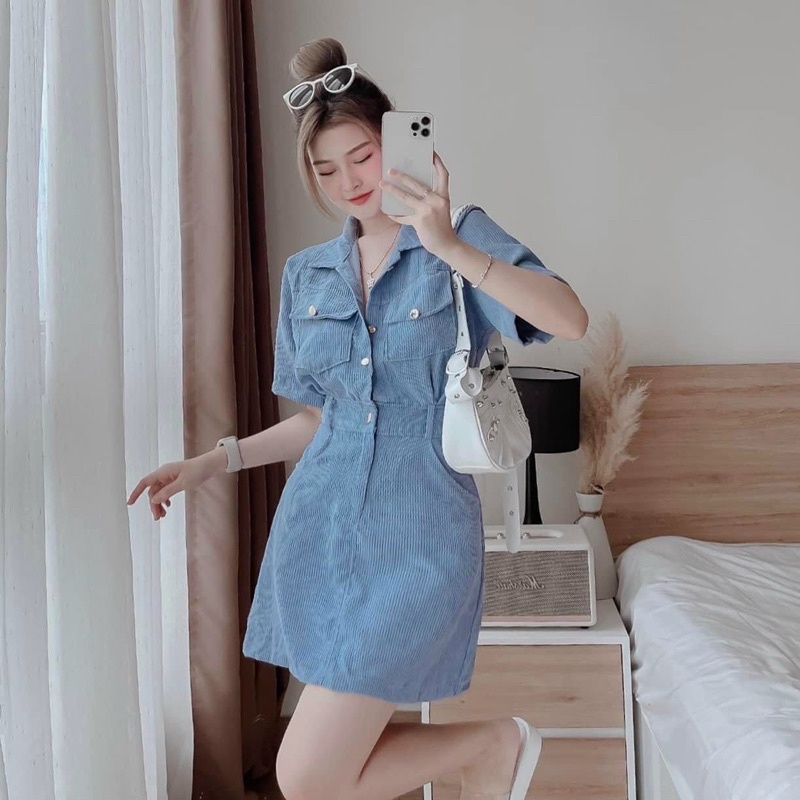 Đầm nhung túi hộp cổ sơ mi, Váy Nhung Dáng Ngắn Siêu Xinh