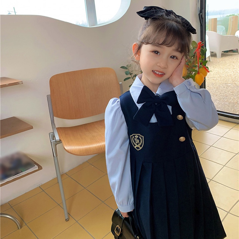 Đầm Công Chúa Tay Dài Giả Hai Lớp Phong Cách Preppy Thời Trang Mùa Thu Cho Bé Gái