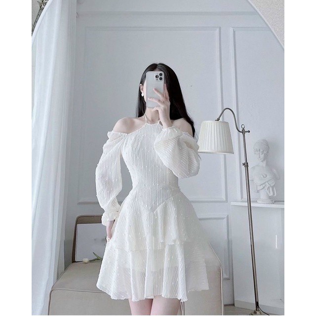 Đầm dự tiệc Thaingashop đầm cổ yếm vải voan mềm mại bèo tầng màu trắng và màu nude mặc đi tiệc, đi chơi D0526