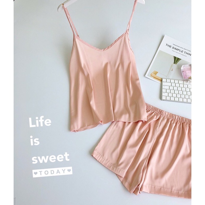 Bộ ngủ đùi lụa 2 dây cổ v siêu xinh Teenstore.365