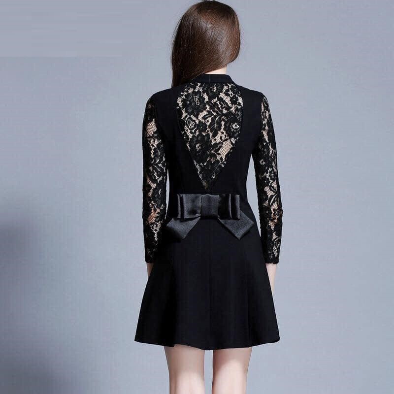 A944 - Đầm xòe nữ dài tay thu đông phối ren cao cấp hàng nhập