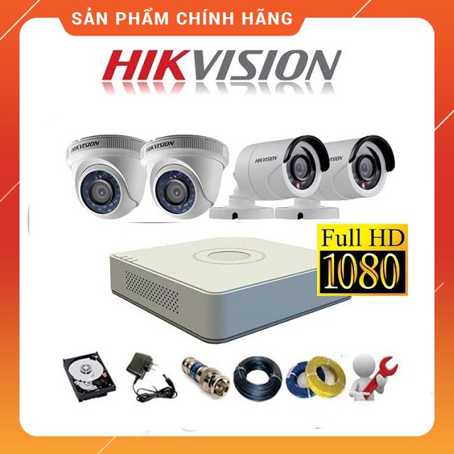 Trọn Bộ 4 Camera Quan Sát Hikvision 2.0 megapixel Full HD 1080P tặng ổ cứng HDD 500G và 40m dây liền nguồn