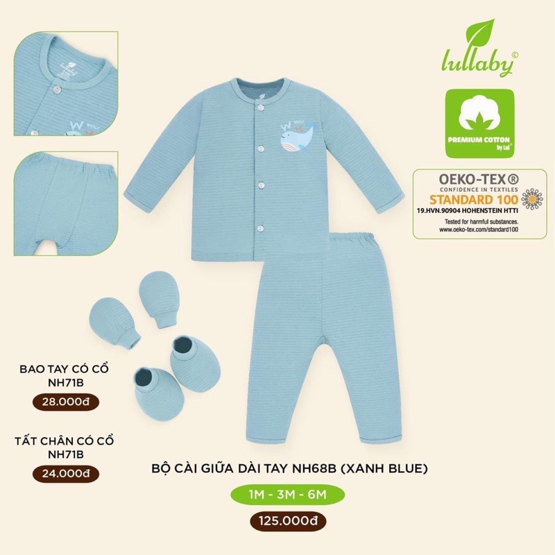 [FAFRINW05 giảm tối đa 30k đơn 150k]Bộ sơ sinh dài tay Lullaby cài giữa vân thoáng mỏng cotton, quần áo sơ sinh NH68B