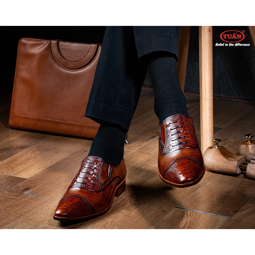 Giày nam cao cấp da ĐÀ ĐIỂU đế DA khâu thủ công Handmade thương hiệu Tuấn GXHU-173
