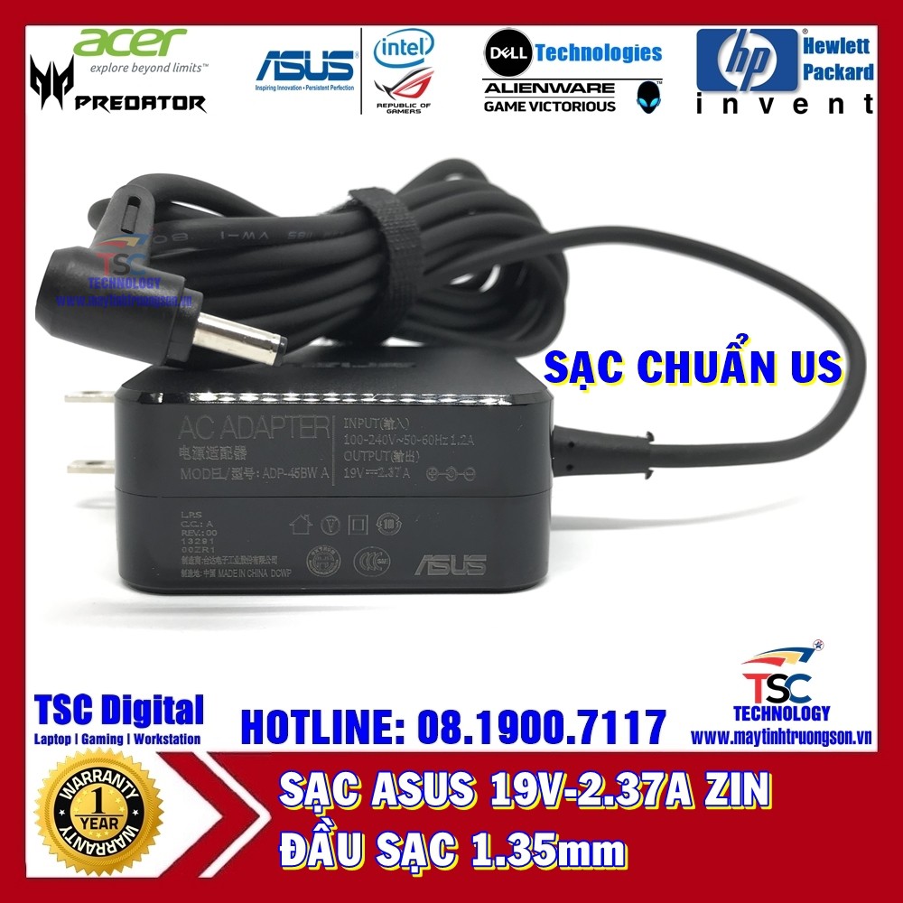 Sạc Laptop ASUS 19V-2.37A Vuông Zin Chính Hãng | Đầu Chân Sạc 1.35mm