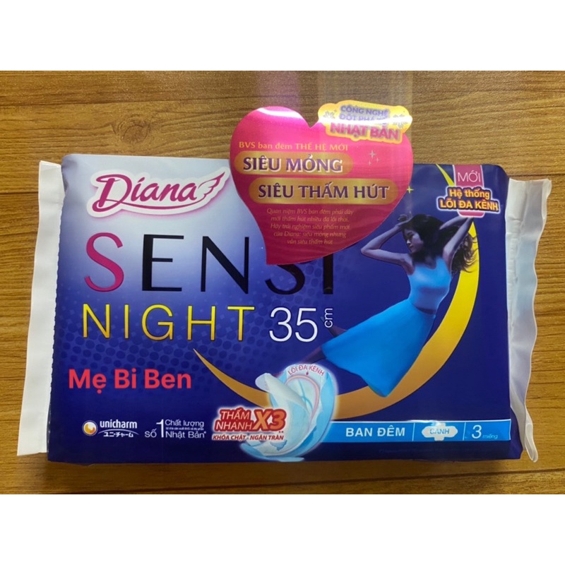 [Mặt Bông] Băng vệ sinh Diana Sensi Night ban đêm 35cm 3 miếng/gói