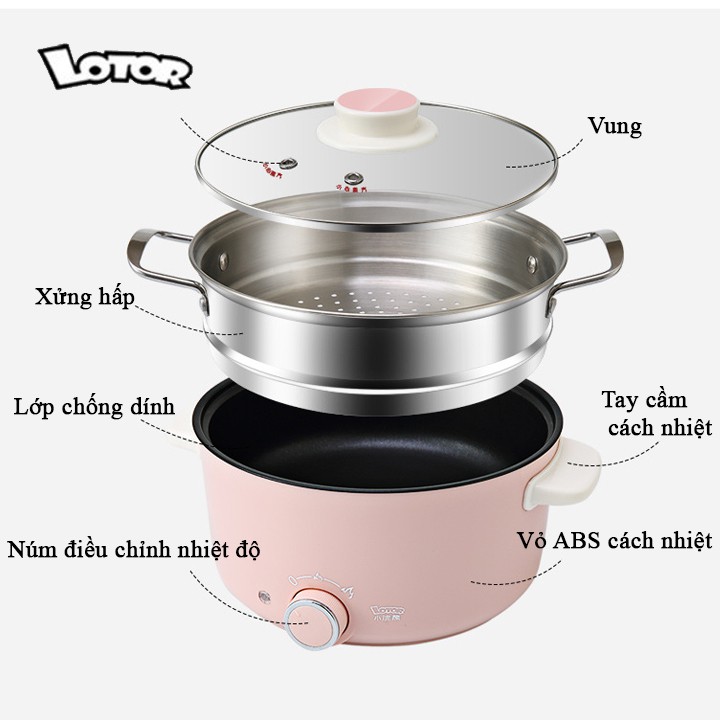 Nồi điện đa năng LOTOR, Nồi lẩu điện gia đình dung tích 3 Lít nấu lẩu, chiên, xào, luộc tiện dụng - BH 12 tháng