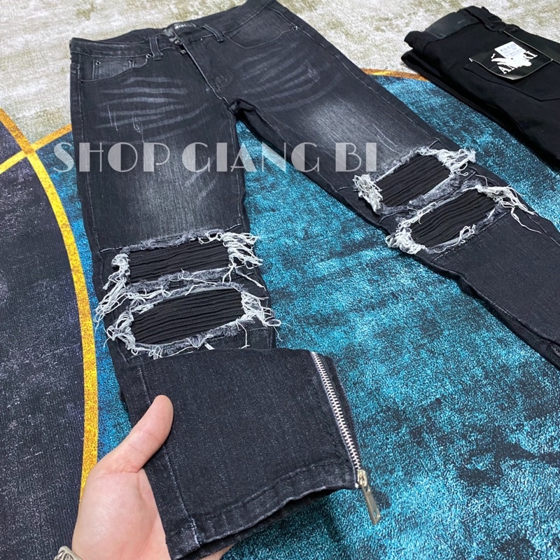 Quần jean vá nhăn gối mikenco phối khoá zip ống chân,quần jean nam mikenco rách gối phối khoá zip ống chân
