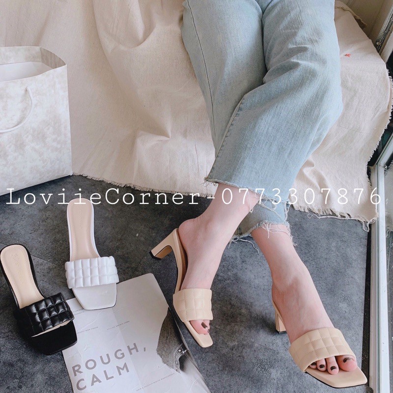 LOVIIECORNER - DÉP NỮ CAO GÓT THỜI TRANG QUAI NGANG VIỀN CHỈ KIỂU ĐẾ DẸP 5CM 3 MÀU ĐEN KEM TRẮNG LOVIIECORNER D200344