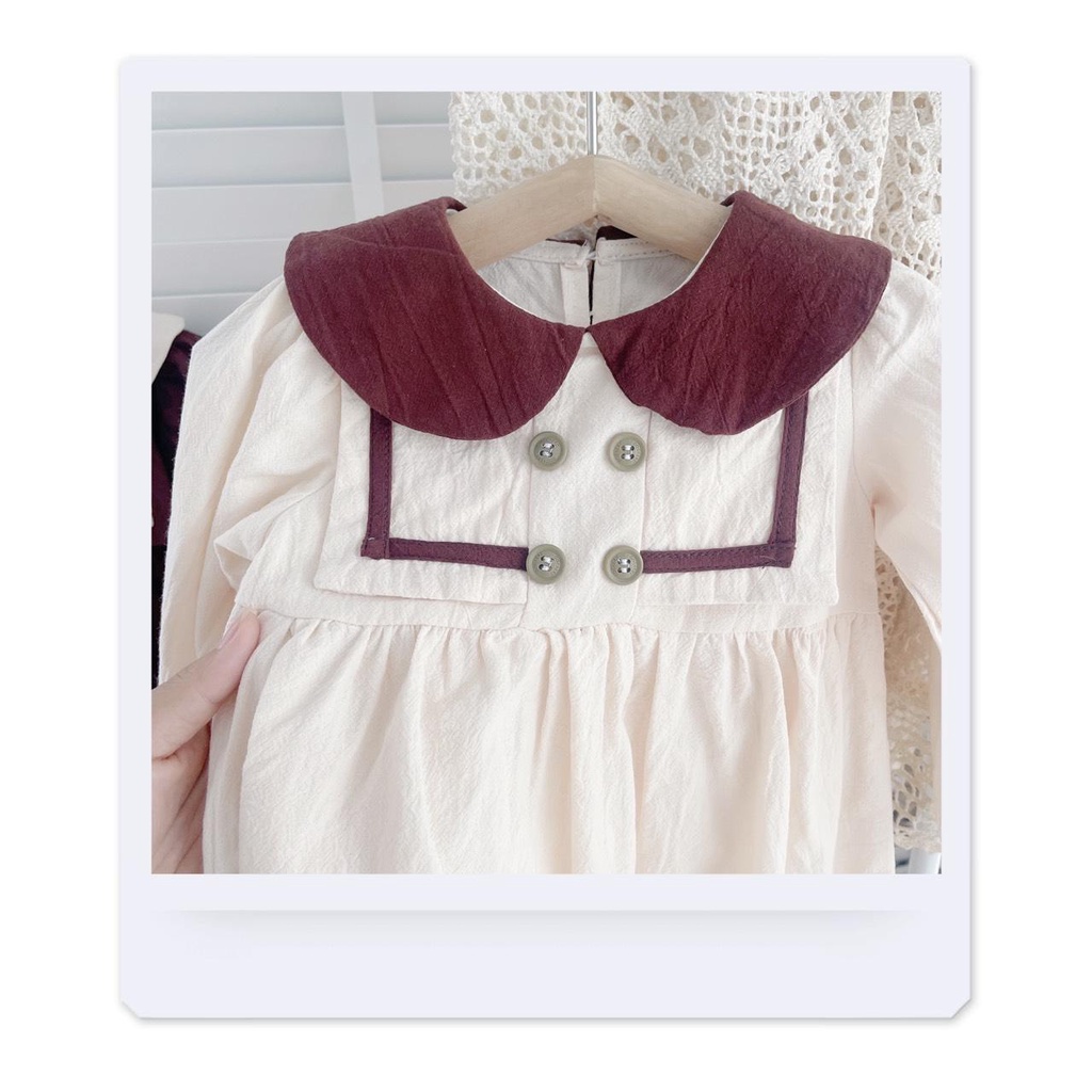 [10-22kg] Váy cổ sen 4 cúc nâu, be phong cách vintage cho bé gái mùa thu xinh xắn