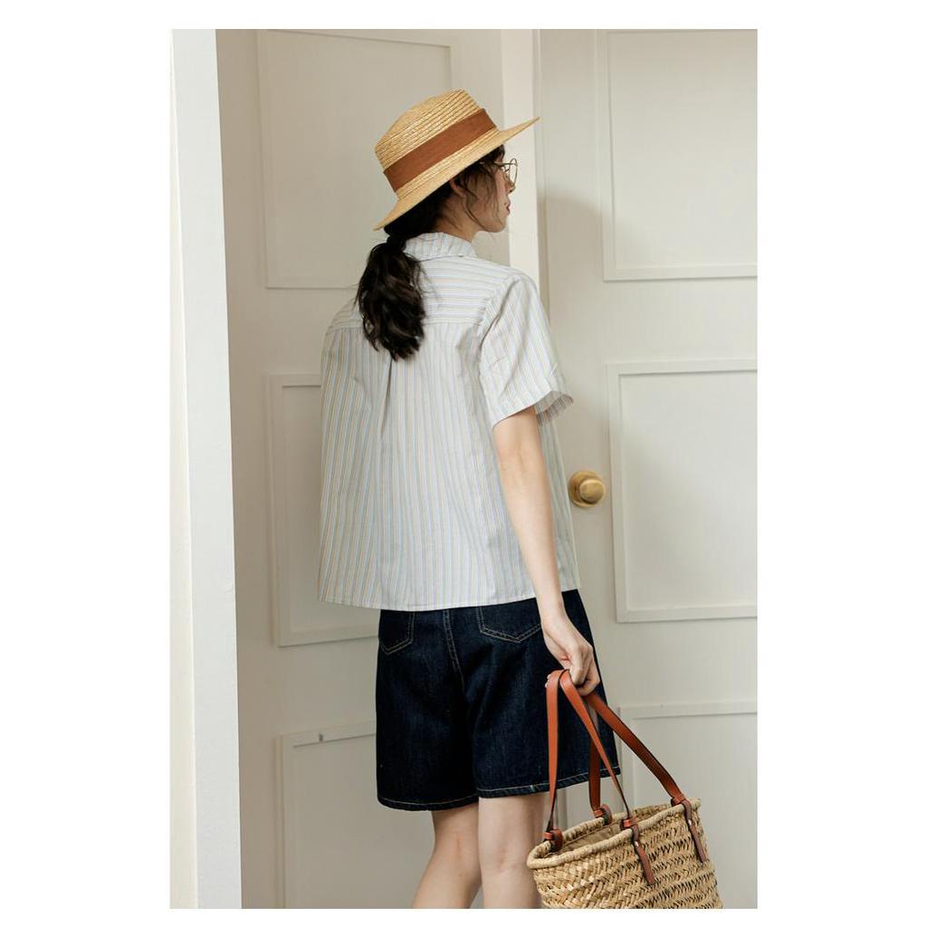 Áo Sơ Mi Kẻ Sọc Dáng Rộng Ngắn Tay Thời Trang Sành Điệu 63205