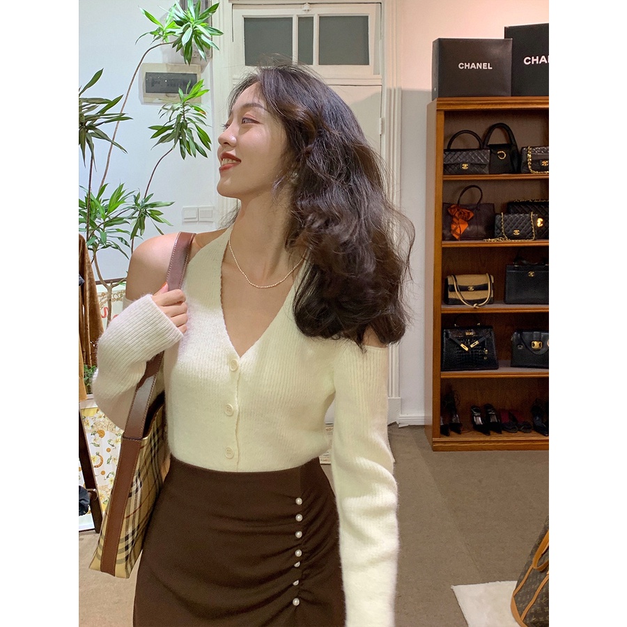Áo Len Tay Dài Hở Vai Thời Trang Phong Cách Hàn Quốc Dành Cho Nữ