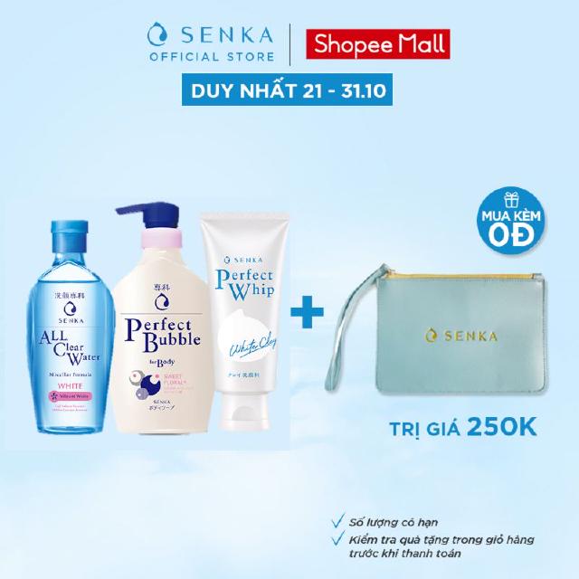 Bộ sản phẩm Senka làm sạch dưỡng trắng toàn thân và da mặt (White 230ml + Clay 120g + Sữa tắm Senka 500ml)
