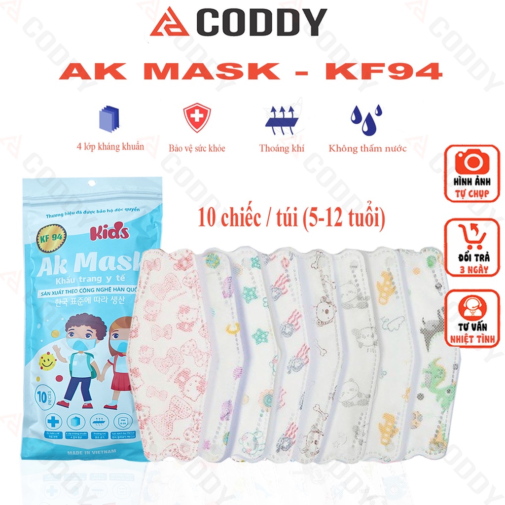 Set 10 chiếc khẩu trang KF94 trẻ em chính hãng AK MASK ,khẩu trang y tế 4 lớp dày dặn chống vi khuẩn bụi mịn chất lượng