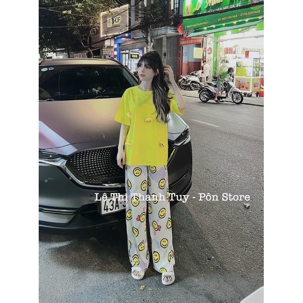 Set áo cotton đính mặt cười quần suông gân R6