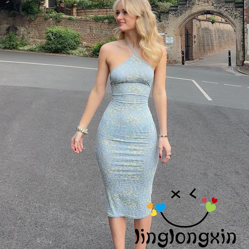 Linglongxi2-đầm Body Cổ Yếm In Hoa Màu Xanh Nhạt Không Tay Size S / M / L