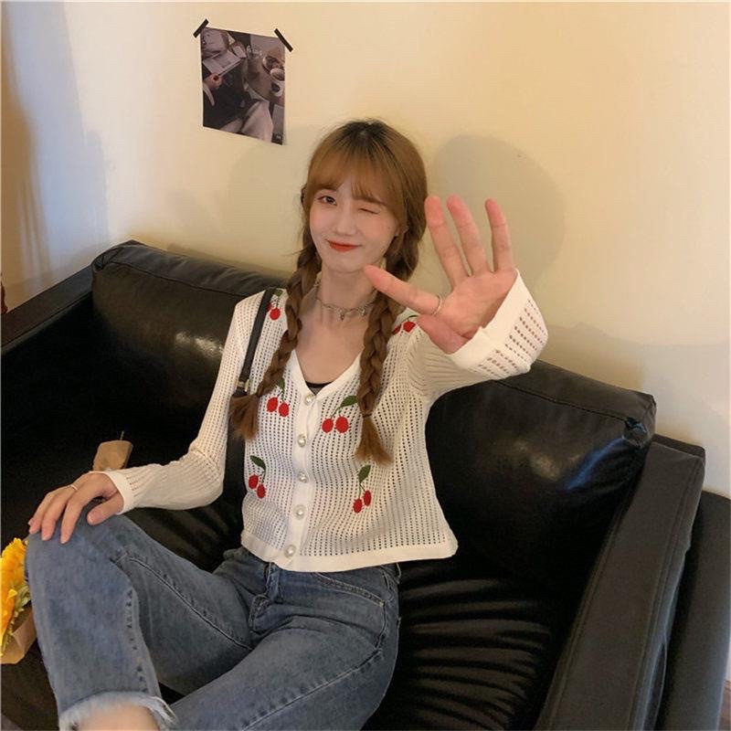 Áo cadigan len mỏng lỗ thêu cherry xinh xắn
