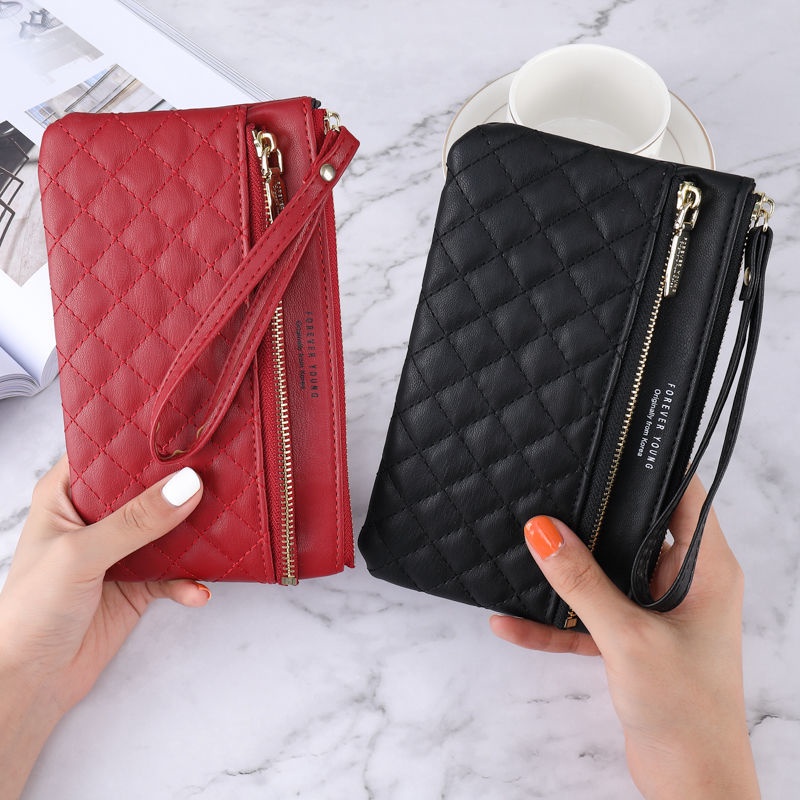 Ví Cầm Tay Dáng Dài Màu Trơn Có Khóa Kéo Đính Đá Đơn Giản Thời Trang Cho Nữ