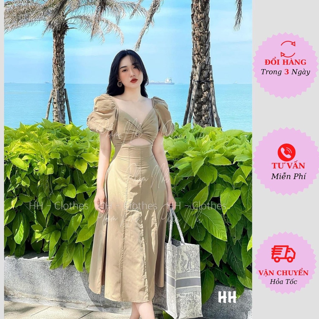 Váy thô maxi nữ tay bồng xoắn ngực cổ tim hở eo dáng dài tiểu thư bánh bèo đi biển du lịch ulzzang Hàn Quốc