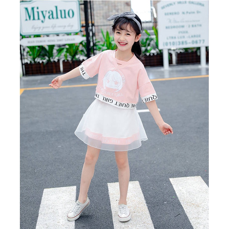 Bộ Áo Thun cotton Cổ Tròn + Quần Ống Rộng Thời Trang Cho Bé Gái 8-7-12 Tuổi 5-12 Tuổi