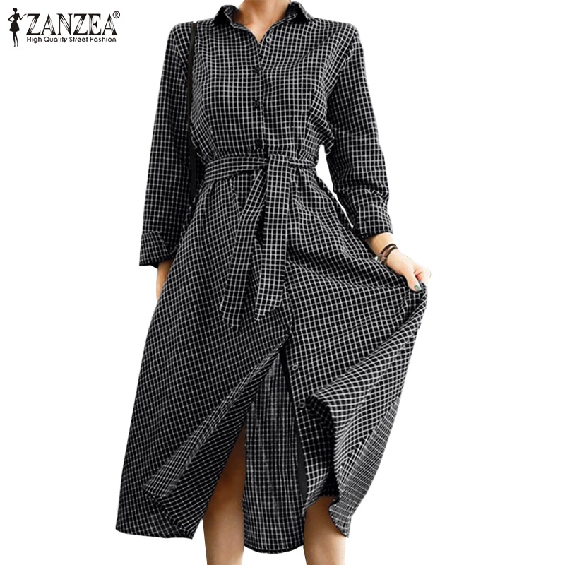 Đầm dài ZANZEA tay dài cổ bẻ họa tiết sọc caro thời trang phong cách Hàn Quốc cho nữ