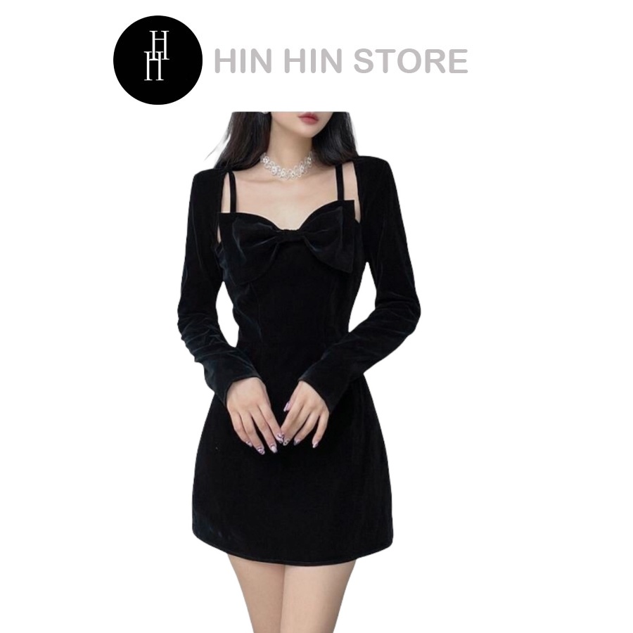 Set đầm hai dây nơ & áo khoác lửng Cutout màu đen nữ HDT262 - Hỉn Hỉn Store