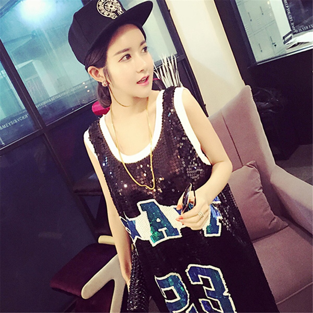 Áo Thun Hip-Hop Dáng Dài Đính Kim Sa 23 Chữ Cái Màu Đen / Bạc / Đỏ Lấp Lánh Phong Cách Jazz Cho Nữ 2047