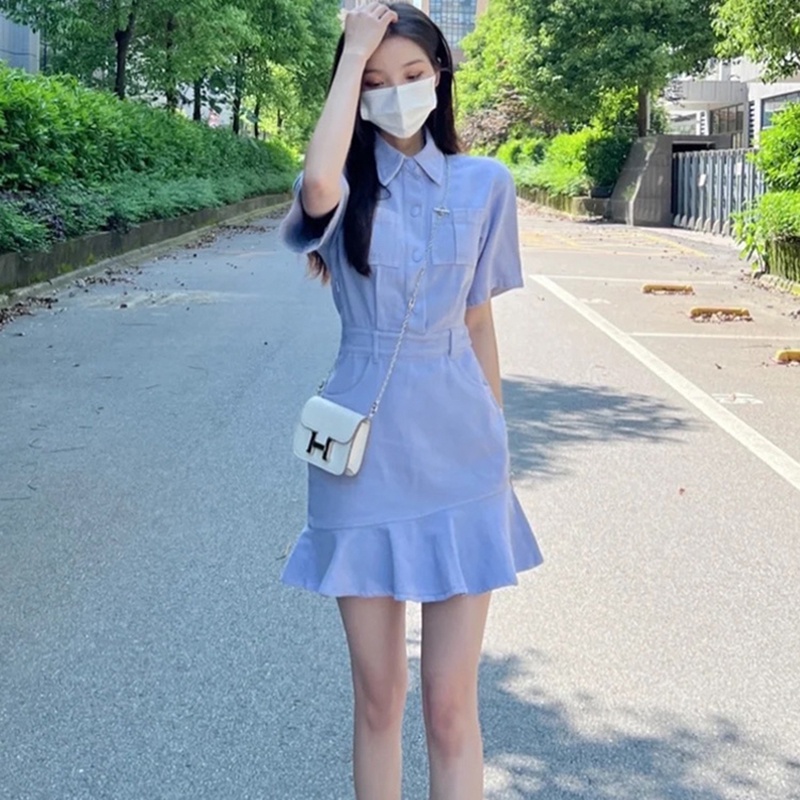 Đầm denim IELGY cổ bẻ ôm eo phong cách Pháp xinh xắn cho nữ