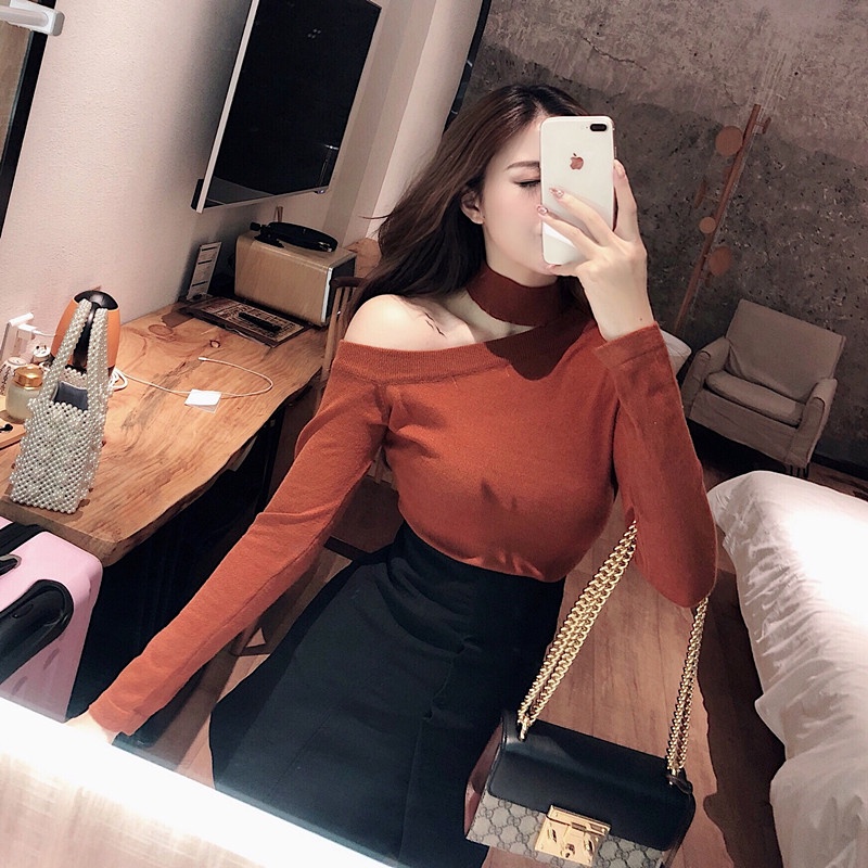 Áo Len Nữ Dài Tay Lệch Vai Ôm Dáng Thời Trang