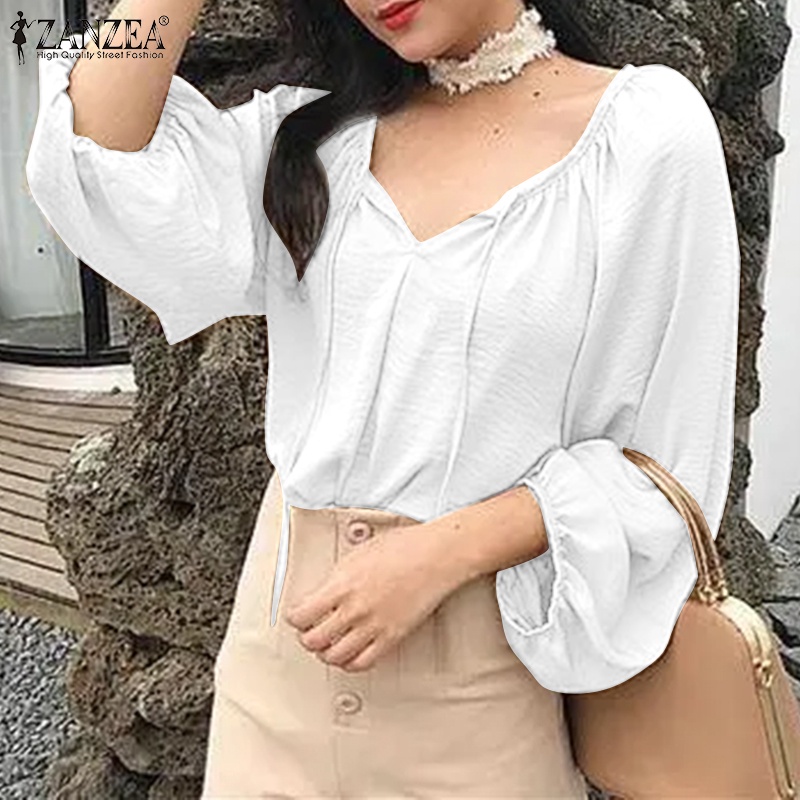 Áo kiểu Zanzea tay dài cổ chữ V màu trơn thời trang thanh lịch