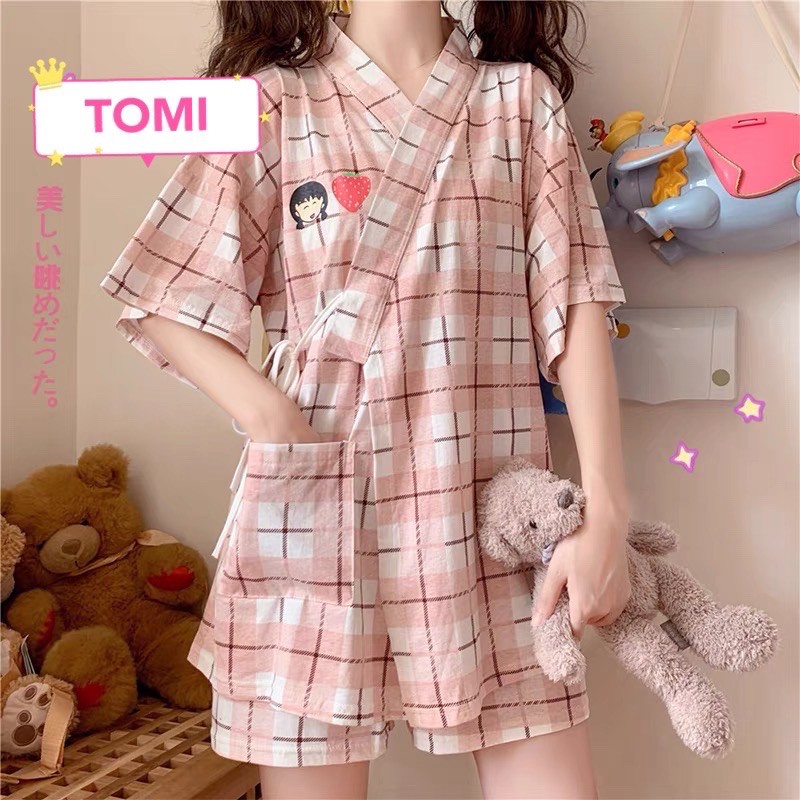 Đồ bộ nữ, bộ pijama nữ ngắn tay kẻ hồng buộc dây - TOMI BOUTIQUE