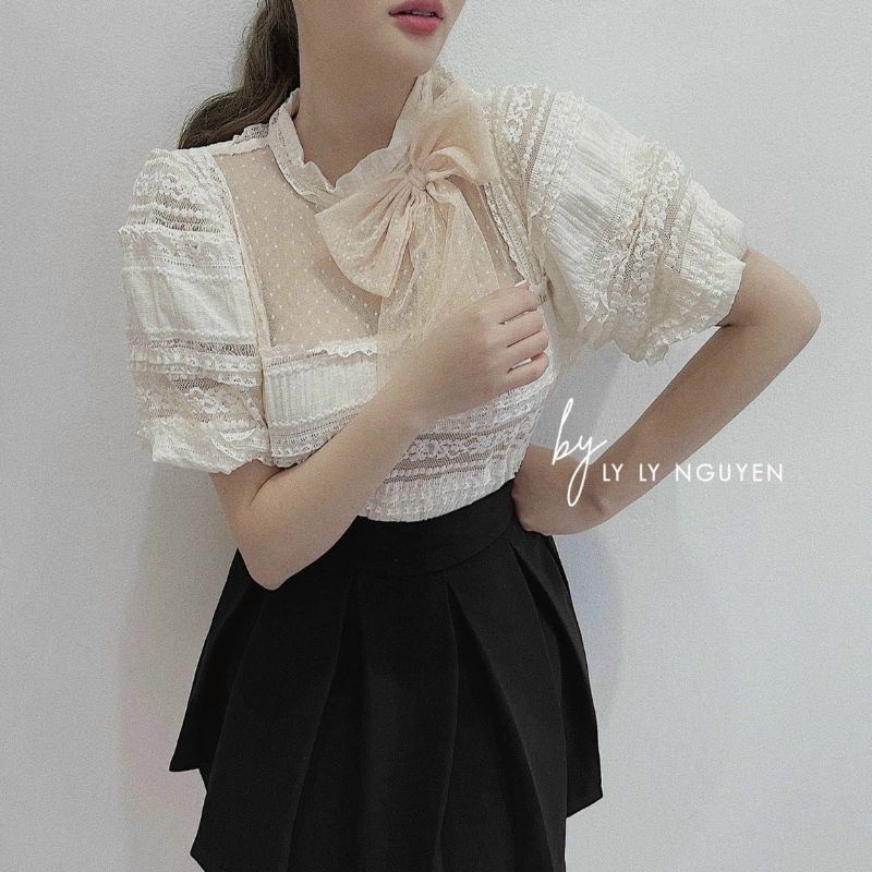 Áo xốp cổ nơ đá cực xinh cho nữ