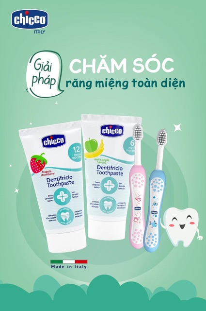 Bàn chải đánh răng cho bé Chicco Italy 6M+, bàn chải trẻ em đầu lông mềm - Monnie Kids