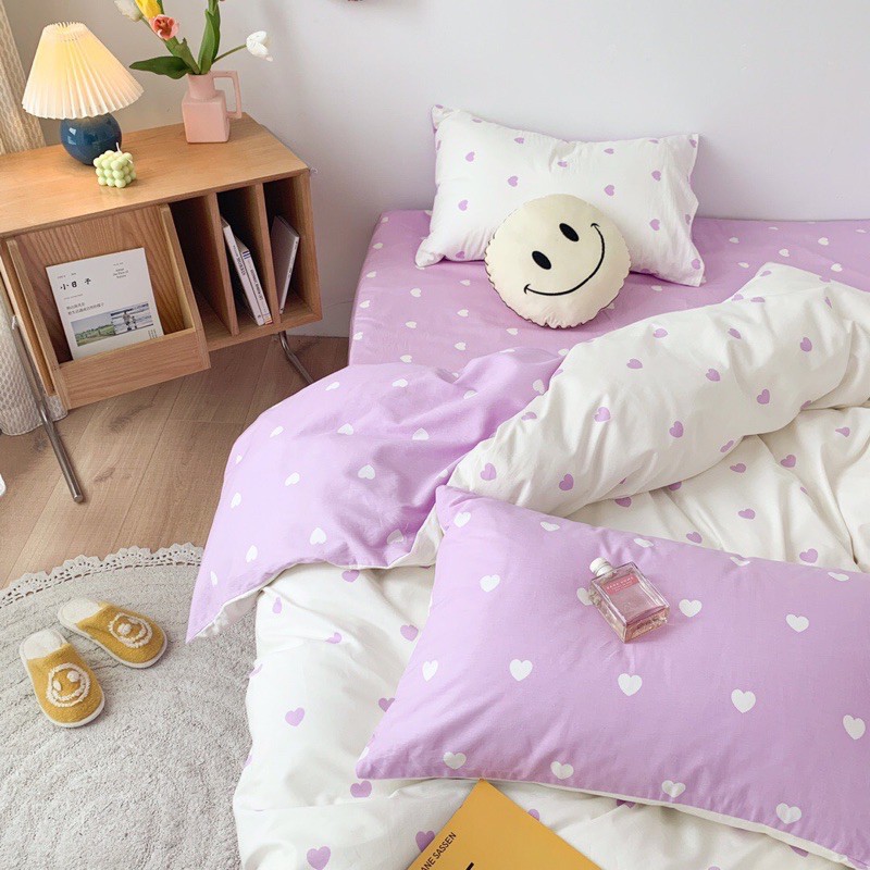 Bộ chăn ga gối cotton poly -mẫu trái tim tím trắng -luis bedding miễn phí bo chun theo kích thước