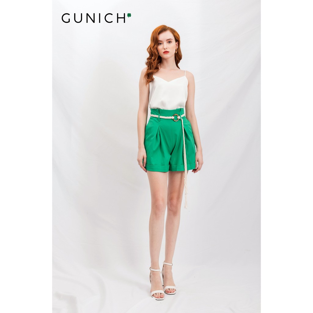 Quần shorts xếp ly ống rộng xanh lá cây,, chất Kaki mềm mịn, đứng dáng GUNICH