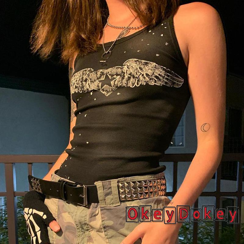 Áo Croptop Dệt Kim Không Tay Trễ Vai In Họa Tiết Ngôi Sao Màu Đen Co Giãn Dành Cho Nữ