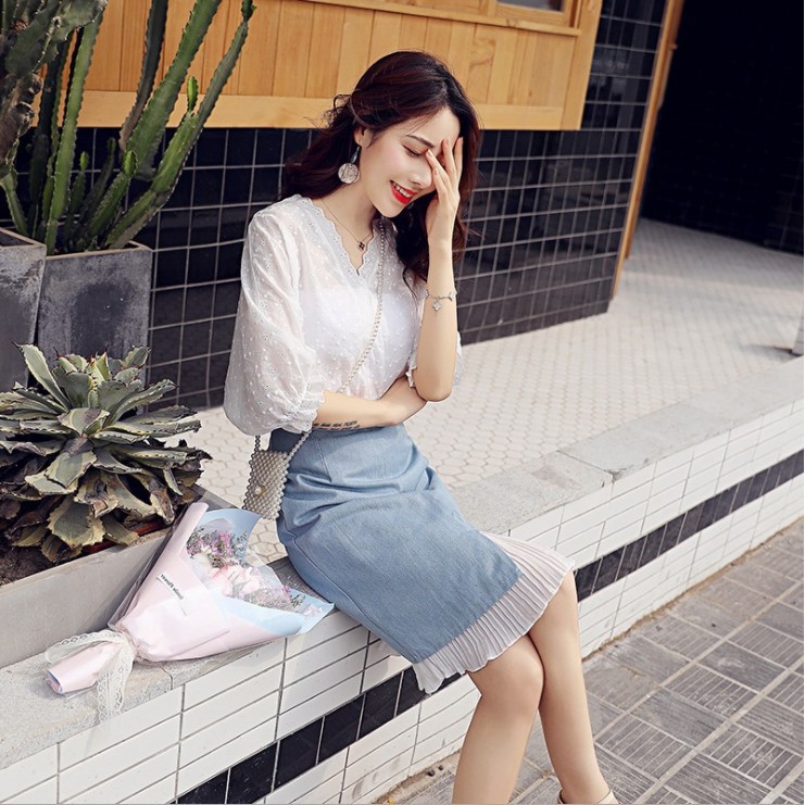 ( Hàng sẵn) Đầm nữ, ÁO REN hoa lưới bi trắng kết hợp chân váy bò phong cách Pháp | BigBuy360 - bigbuy360.vn