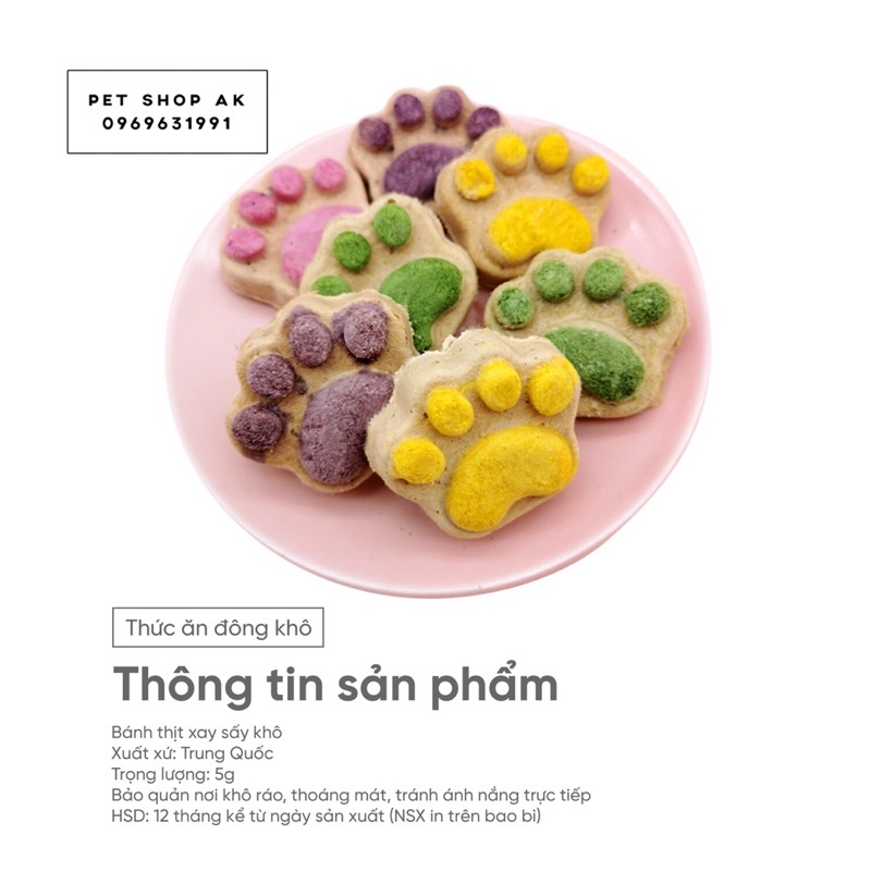 Bánh thịt xay sấy khô, bánh chân mèo đông khô, snack thưởng cho chó mèo gói 5g