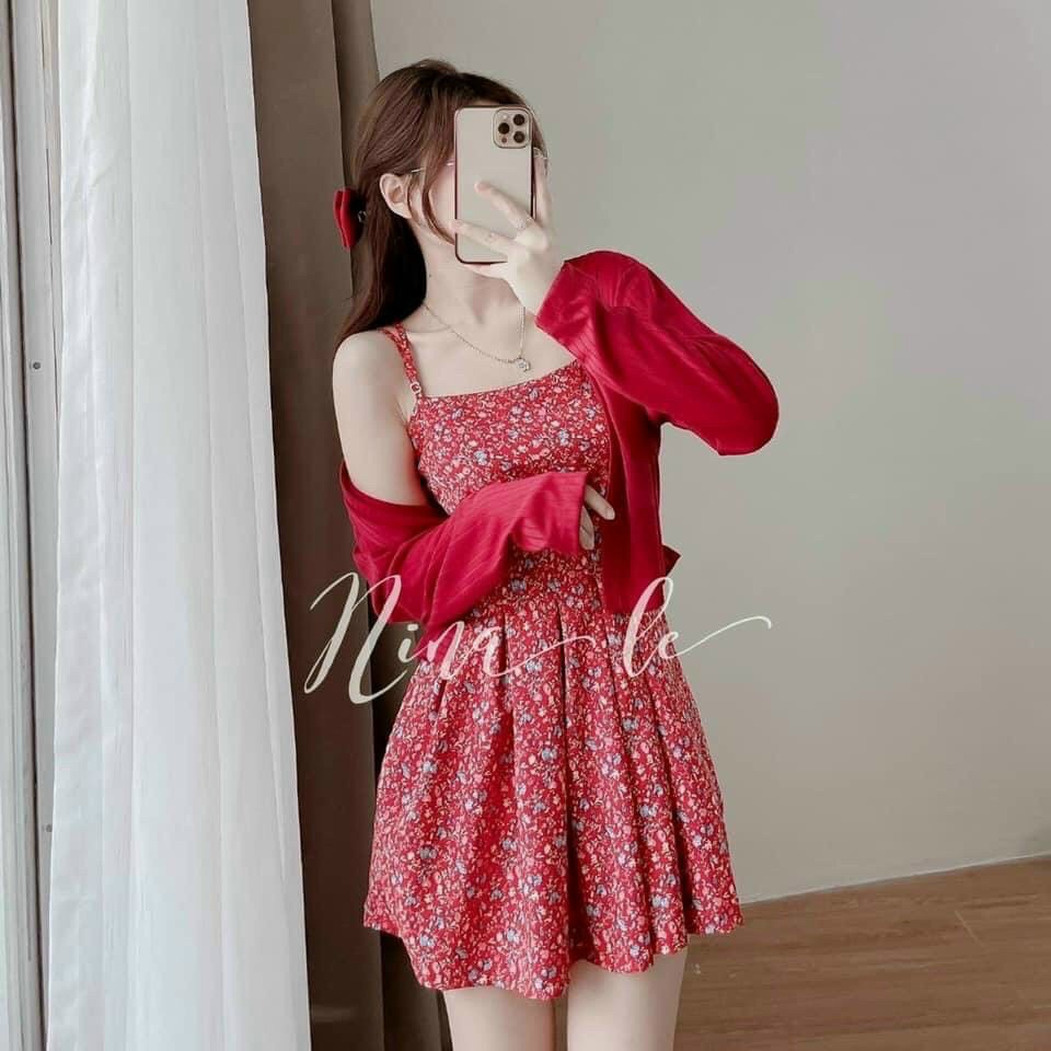 [Sale 50%] Đầm hoa 2 dây có mút tôn dáng cực đẹp phối kèm khoác dài tay