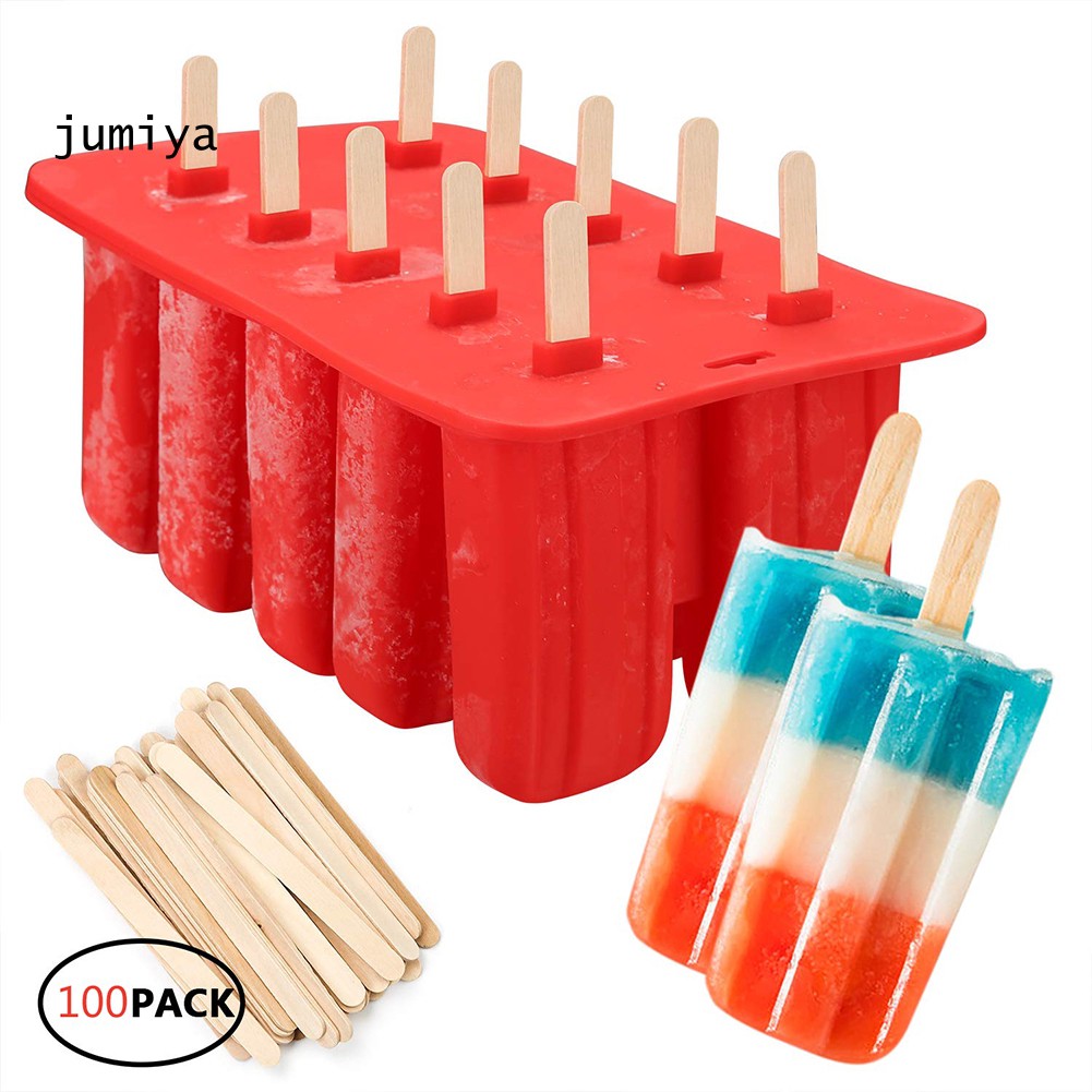 Bộ khuôn 10 ô làm kem que bằng silicone kèm 100 que gỗ