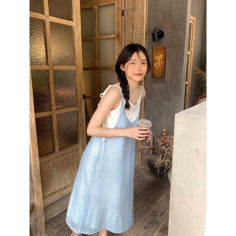 Set Váy Suông Dệt Kim Xếp Tầng Màu Xanh Sữa + Đường Khâu Ren Nhẹ Nhàng