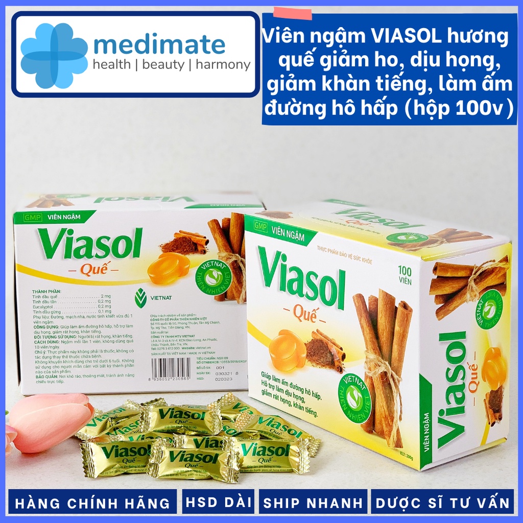 Viên ngậm VIASOL hương quế giảm ho, dịu họng, giảm khàn tiếng, làm ấm đường hô hấp