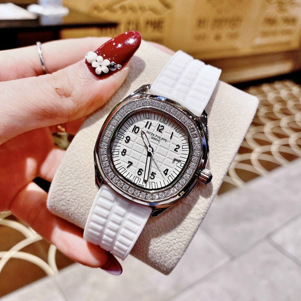 Đồng hồ nữ Patek Phillip 34mm máy Swissquartz, viền đá loại 1, dây silicone cao cấp, kim phủ dạ quang