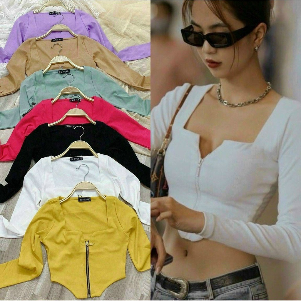 Áo kiểu cổ vuông tay dài dây kéo , eo nhọn cực hot , chất thun bozip mềm mịn