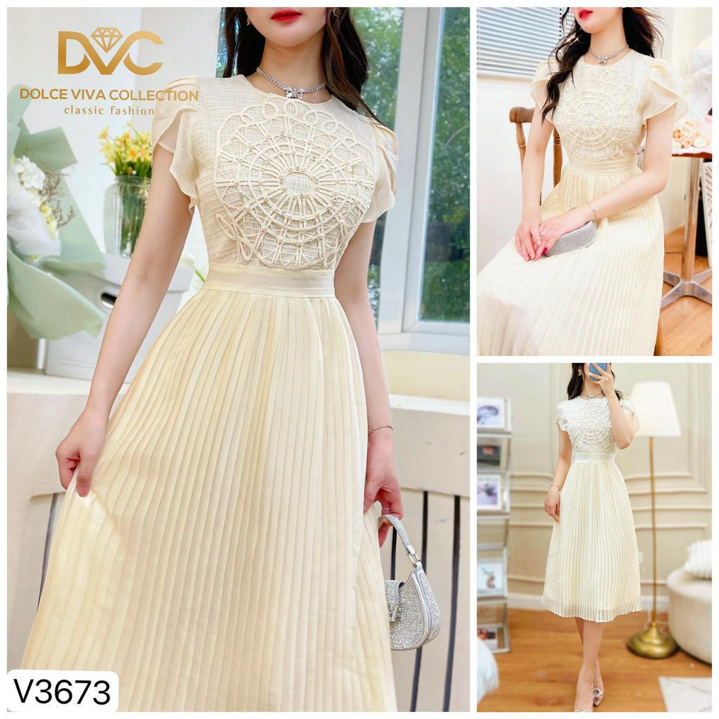 VÁY NỮ DÁNG DÀI, VÁY ĐI CHƠI BE XẾP LY PHỐI REN LƯỚI ĐÍNH NGỌC TIỂU THƯ V3673 - DVC