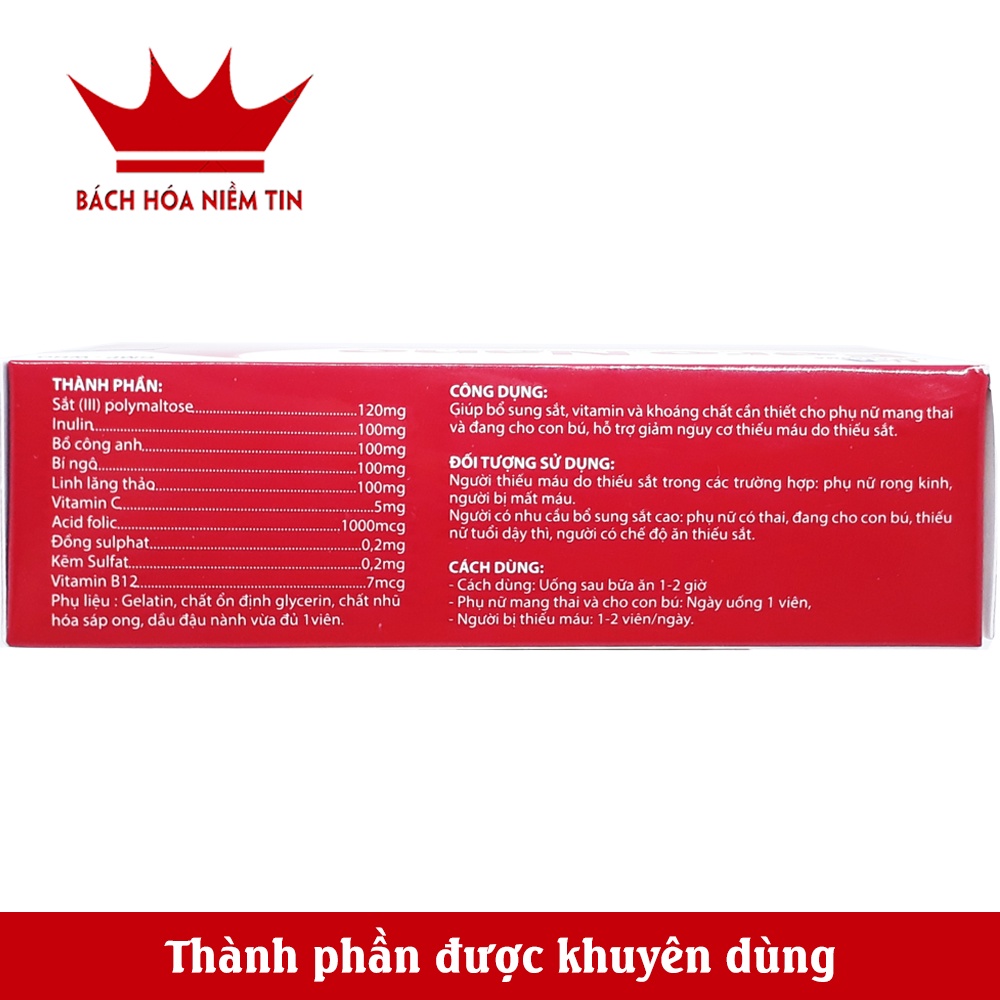 Bổ máu Fero Nano bổ sung Sắt, Acid Folic cho người thiếu máu, phụ nữ mang thai và cho con bú - Hộp 30 viên dùng 30 ngày
