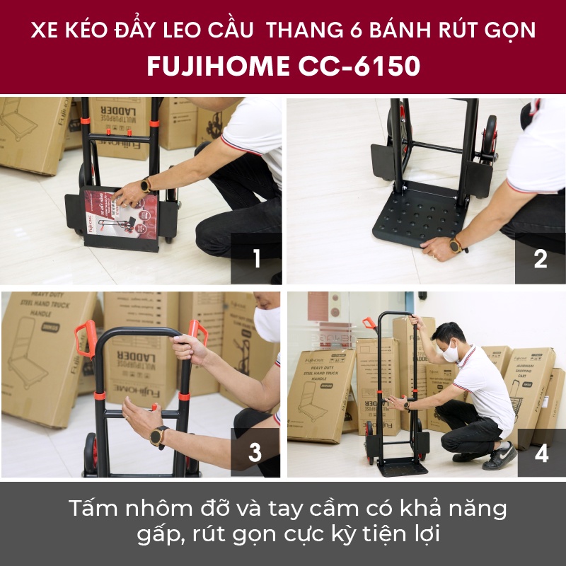 Xe kéo đẩy hàng leo cầu thang 6 bánh rút gọn nhập khẩu FUJIHOME CC-6150, kéo 100kg leo cầu thang,150kg đường bằng