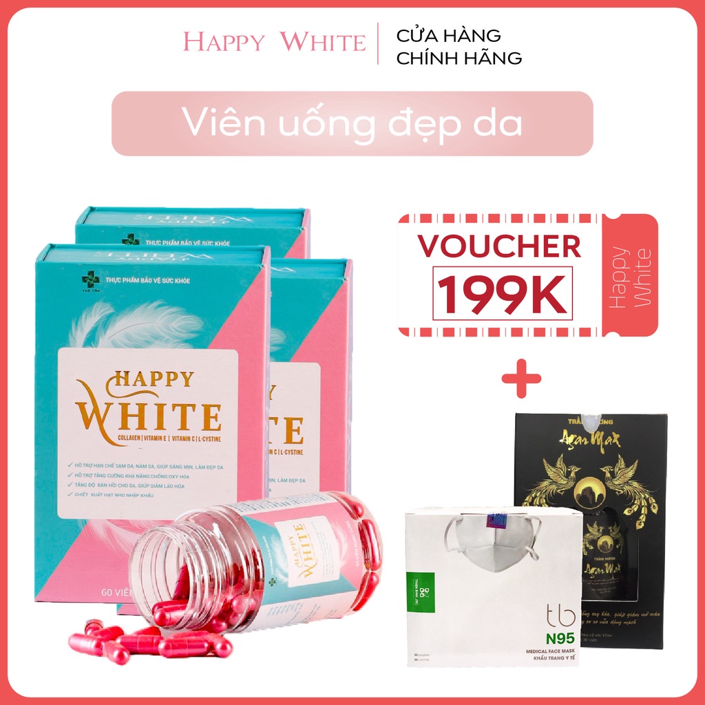 Viên Uống Trắng Da Happy White Combo 3 Hộp, Hỗ Trợ Làm Trắng Da, Giảm Nếp Nhăn, Chạy Xệ, Làm Mờ Thâm Nám